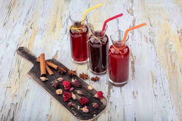 Ramadan drinks. Turkish Sherbet,  raspberry, cherry and rose sweet,cold red rose sherbet.