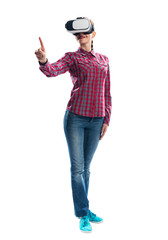 Young woman wearing VR goggles and gesturing