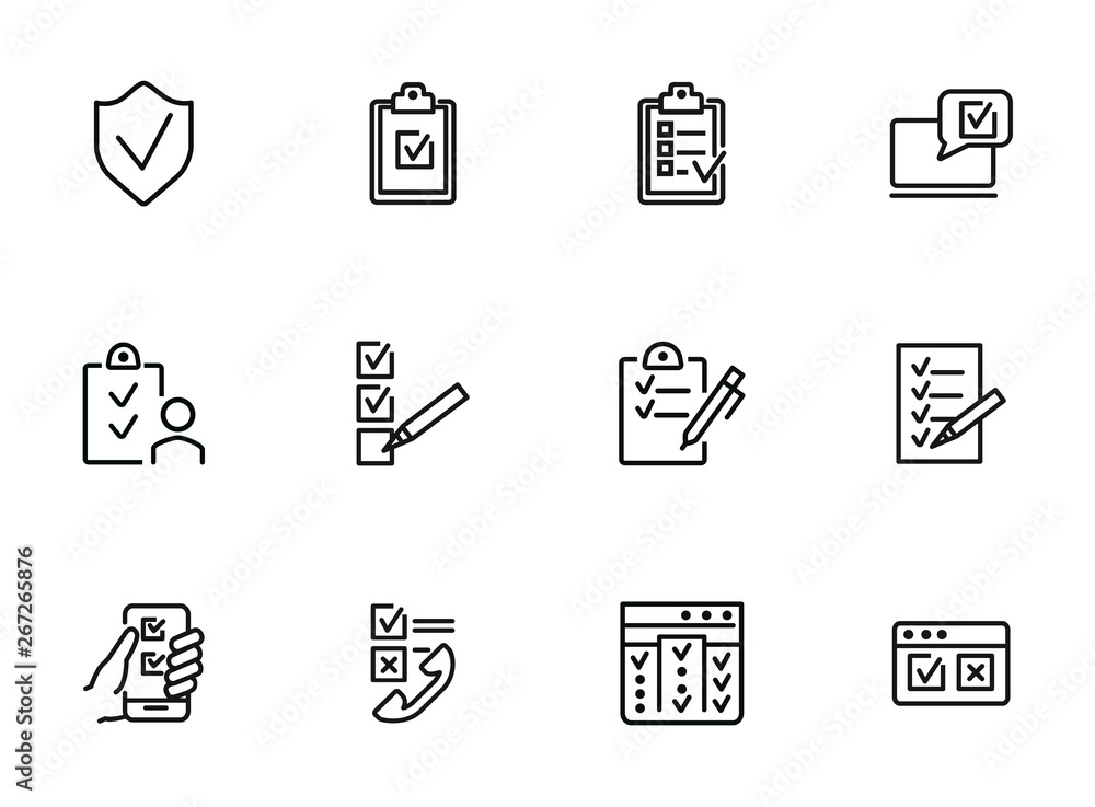 Poster checkmarks line icon set. ticks, list, clipboard. survey concept. can be used for topics like custom