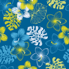 Vector tropical seamless floral pattern with monstera leaves and hibiscus flowers
