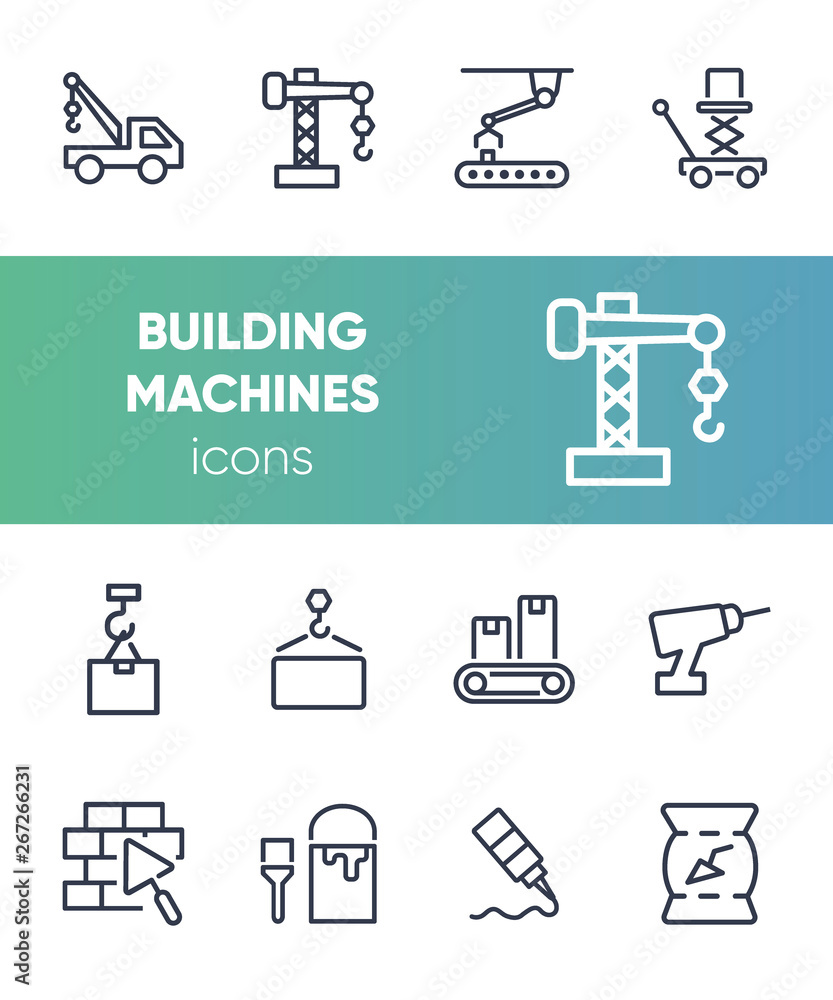 Poster building machines icons. set of line icons on white background. block, engineer, system. constructio