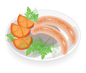 Two sausages on a plate. Garnish vegetables, tomato and greens of dill and parsley. Hot dish for breakfast, lunch, dinner. Tasty and nutritious food. Vector illustration