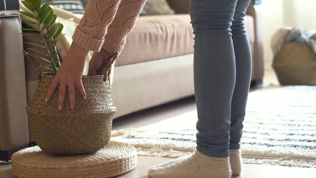 The girl puts the flower in the basket and sits on the sofa with a red cat.