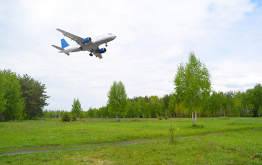 Fototapeta na wymiar The plane over the green forest and field. Travel and transport