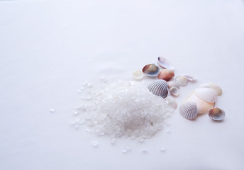 Obraz na płótnie Canvas Sea salt and shells on a white background. Background for Thalassotherapy and Spa.
