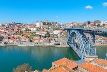 Aerial view of Dom Luis Bridge with old city of Porto at background, Portugal