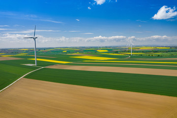 Aerial view of wind turbine. Rapeseed blooming. Windmills and yellow fields from above. Agricultural fields on a summer day. Renewable Energy.