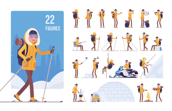Hiking winter woman character set. Female tourist with backpacking gear, wearing travel clothes for outdoor sporting, camping leisure activity. Full length, different views, gestures, emotions, poses