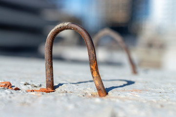 Metallic brown rusty concrete floor slab. Front view
