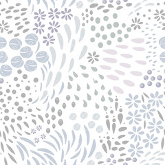 Leaves, flowers and stylized floral elements background. Vector seamless abstract ditsy pattern with botanical motiffs.