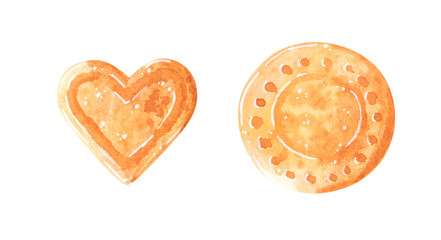 Two sweet cookies, heart-shaped and round, hand drawn watercolor illustration isolated on white.