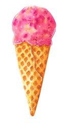 Pink ice cream ball in waffle cone, hand drawn watercolor illustration isolated on white.