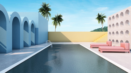 Building minimal design Blue curved walle.In the middle there is a swimming pool.pink beach seat.Concrete wall penetrate the circular hole.Concrete floor.-3D render