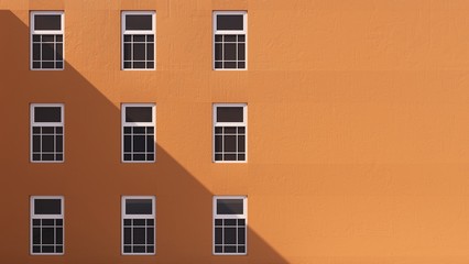 Obraz premium Building minimal windows wood white frame wall orange-3D render
