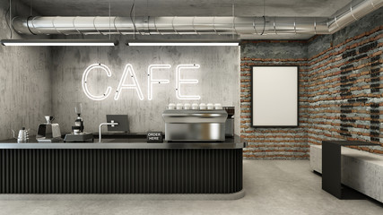 Cafe shop  Restaurant design Minimalist ,Counter black metal,Top counter metal,  Neon lamp cafe sign on wall concrete, concrete floors -3D render