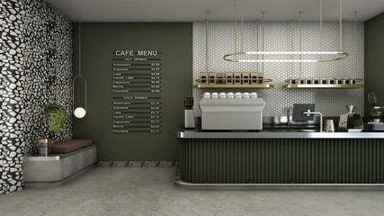 Cafe shop design Modern & Minimal Olive green counter,Gold metal light pendant, Menu on wall Olive green pastel color,Wall 6-sided white tiles,Floor concrete  - 3D render