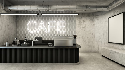 Cafe shop  Restaurant design Minimalist ,Counter black metal,Top counter metal,  Neon lamp cafe sign on wall 6-sided white tiles, concrete floors -3D render