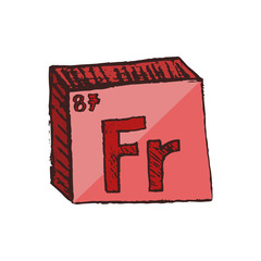 Vector three-dimensional hand drawn chemical red radioactive symbol of alkali metal francium with an abbreviation Fr from the periodic table of the elements isolated on a white background.