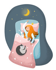 Sleeping girl with cat and toys on comfortable bed with pillow and blanket. Sleeping princess with long hairs. Good night. Sweet Dreams. © Volha