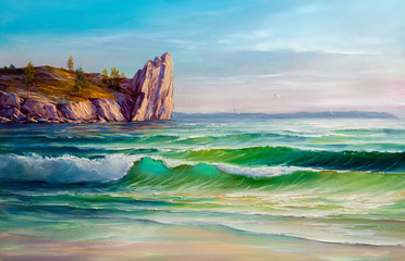 Morning on sea, wave, illustration, Oil painting seascape.