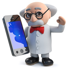 3d mad scientist holding a smartphone tablet device