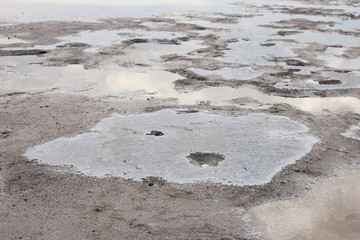 Salty shore of lake Baskunchak natural background