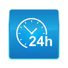 24 hours clock icon shiny blue square button