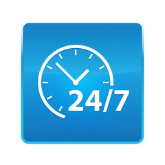 24/7 clock icon shiny blue square button