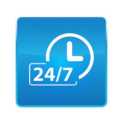 24/7 clock icon shiny blue square button