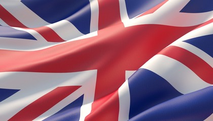 Waved highly detailed close-up flag of UK. 3D illustration.