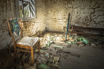 Fototapeta na wymiar Abandoned little house in Belarus Chernobyl exclusion zone, recently opened for the public from april 2019.