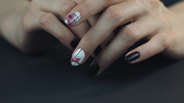 Nails Art Design. Hands With Manicure. Close Up Of Female Hands With Trendy  Nails with decorations.
