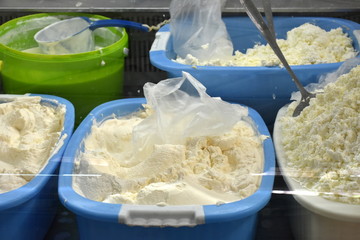 Fresh cheese on Chorsu Bazaar:  market in Tashkent, Uzbekistan.
