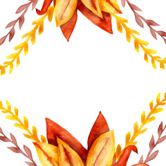 Autumn floral watercolor frame of burgundy, red and yellow leaves and branches, on a white background. Hand-painted illustration of a large yellow - orange bush, on a white background, for decorating 