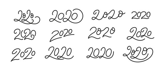 2020 New year big collection. Lettering 2020 pattern set isolated on white background. Hand lettered numbers for New year greeting cards, calendars, invitations, prints. Vector illustration