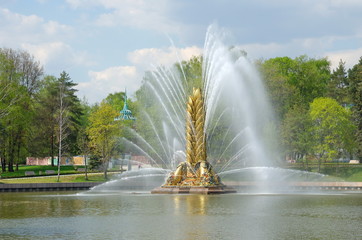 Moscow, Russia - may 7, 2019: Fountain "Golden ear" at VDNH on spring day. One of the three main fountains of VDNH