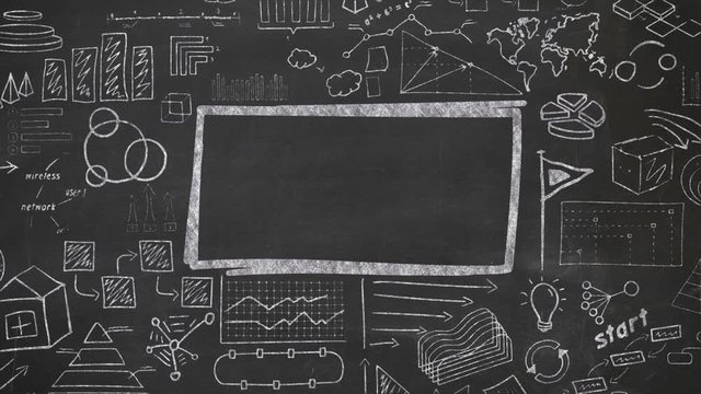 Rectangle and infographics with chalk on blackboard