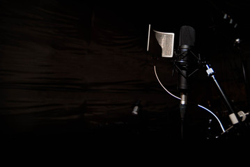 Close up studio condenser microphone with pop filter and anti-vi