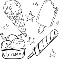 Vector set of contour illustration with ice cream on white background. Good for printing. Postcard, coloring book and logo idea. Doodle. Cartoon.