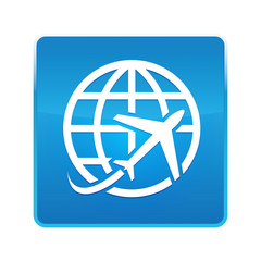 Plane world icon shiny blue square button
