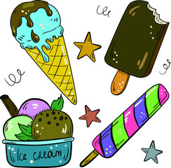 Vector set with different kinds of ice cream on white background with stars and circles. Postcard and logo ideas. Cute set of illustration.