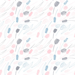 Vector floral seamless pattern with hand drawn tulips. Background with pastel colored flowers and leaves outlines.