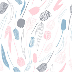 Vector floral seamless pattern with hand drawn tulips. Background with pastel colored flowers and leaves outlines.