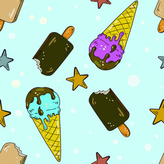 Cute vector seamless pattern with different kinds of ice cream on blue background with stars and circles. Wallpaper and textile design. Texture and fabric, wrapping paper idea.