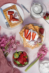 Obraz na płótnie Canvas Homemade belgian Waffle. Strawberies and whiped cream.