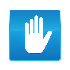 Stop hand icon shiny blue square button