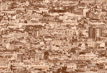 a sepia duotone crowded urban cityscape background with hundreds of densely packed buildings