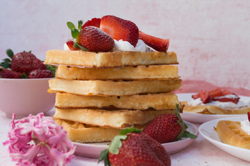 Homemade belgian Waffle. Strawberies and whiped cream.