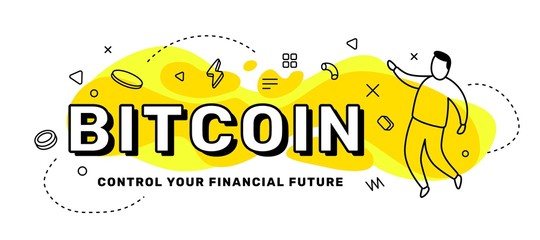 Vector business creative illustration of word bitcoin with man.