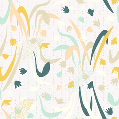 Vector floral seamless pattern with hand drawn scilla or snowdrop flowers and fern leaves. Modern decorative background in pastel colors.